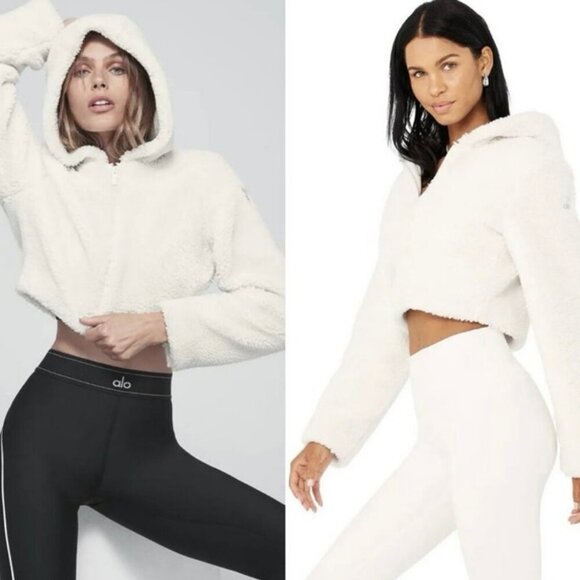 Alo Yoga LA Cropped White Sherpa Fuzzy Hooded Jacket Women’s Size Medium - Picture 2 of 10